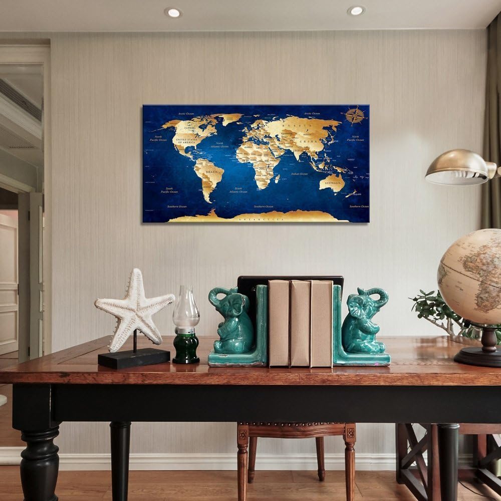Wall Art blue map of the world Painting Ready to Hang -20 x 40 Pieces Large Framed wall art world Map Canvas Art Map wall decorations Artwork Prints