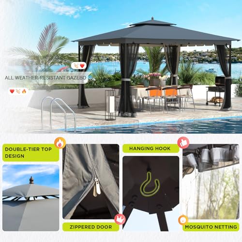 [Upgraded] 10x12 Gazebo with Mosquito Netting,Sturdy Metal Outdoor Patio Gazebo[Heavy Duty Frame],Canopy Tent with Dual Air Roof,Patio Canopy Tent