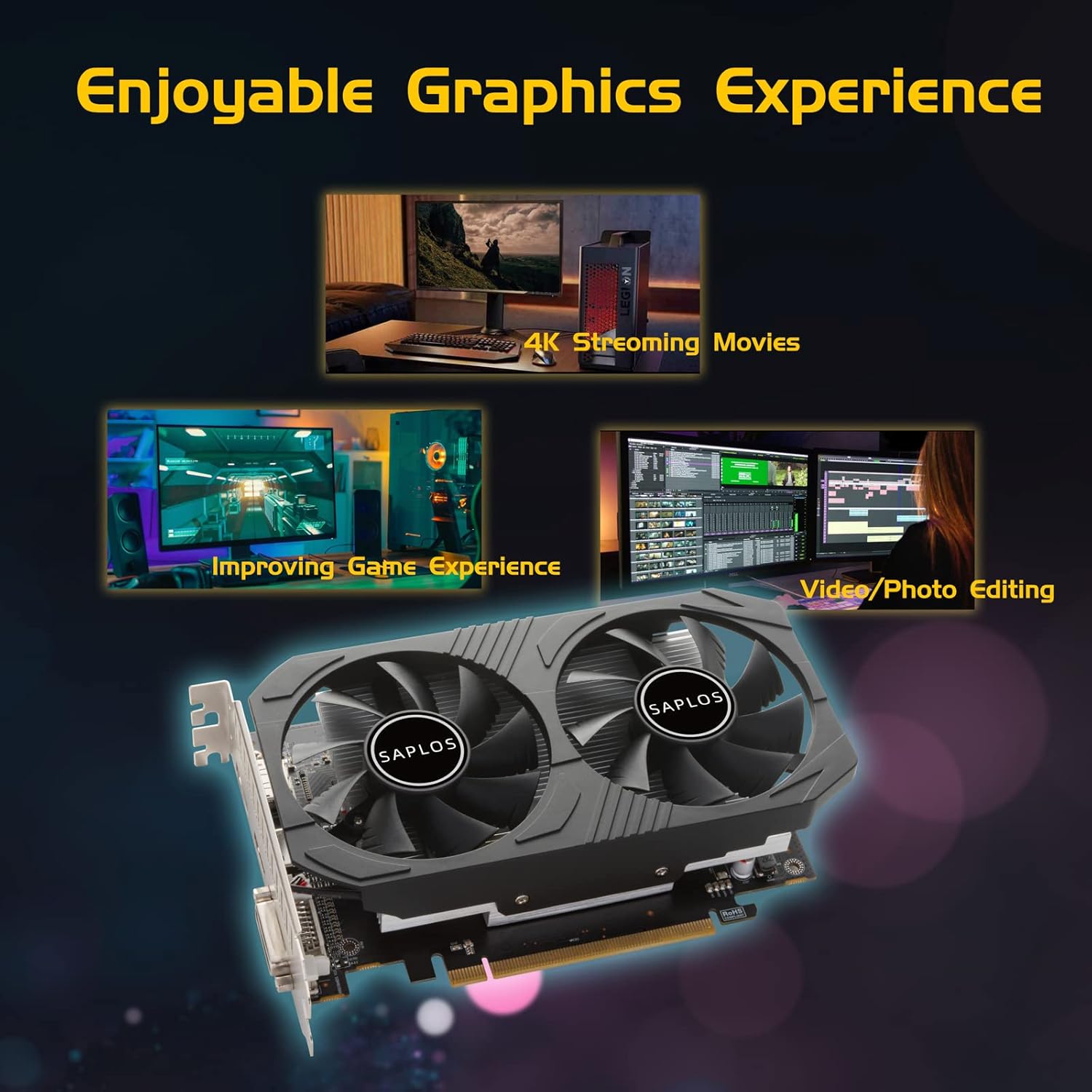 SAPLOS Radeon RX 550 Low Profile Graphics Card, 4GB, GDDR5, 128-bit, VGA/DVI-D/HDMI, Video Card for PC Gaming, 4k@60Hz Output, Computer GPU