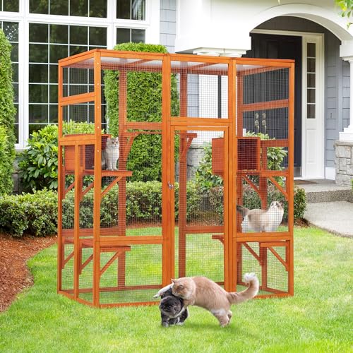 71Inches Large Wood Catio Outdoor Cat Enclosure with Perches and Condos, Cat House Indoor with Waterproof Roof