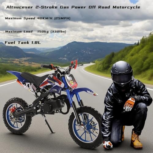 49cc Kids Dirt Bike, 2-Stroke Gas Powered Mini Motocross Motorcycle, Off-Road Dirtbike for Kids 5-14 with Front/Rear Disc Brakes, Shock Absorption