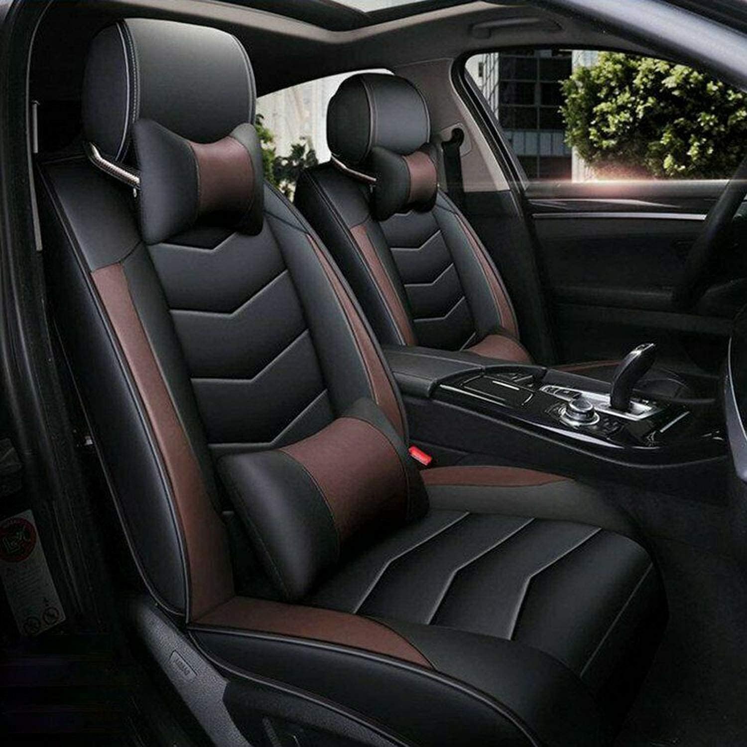 TYFYB Universal 5 Seats Wearproof PU Leather Car Seat Cover Full Set Seat Pad Protector Set Front + Rear Cushions w/Pillows Black/Beige