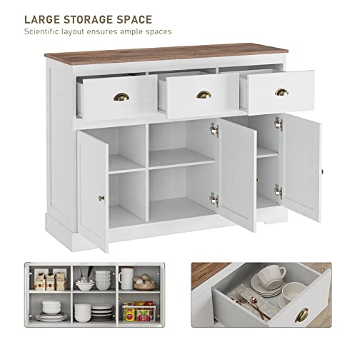 Keyluv White Buffet Cabinet Storage Sideboard Farmhouse Server Bar Wine Cabinet with 3 Drawers & 3 Doors Adjustable Shelves Console Table for Dining