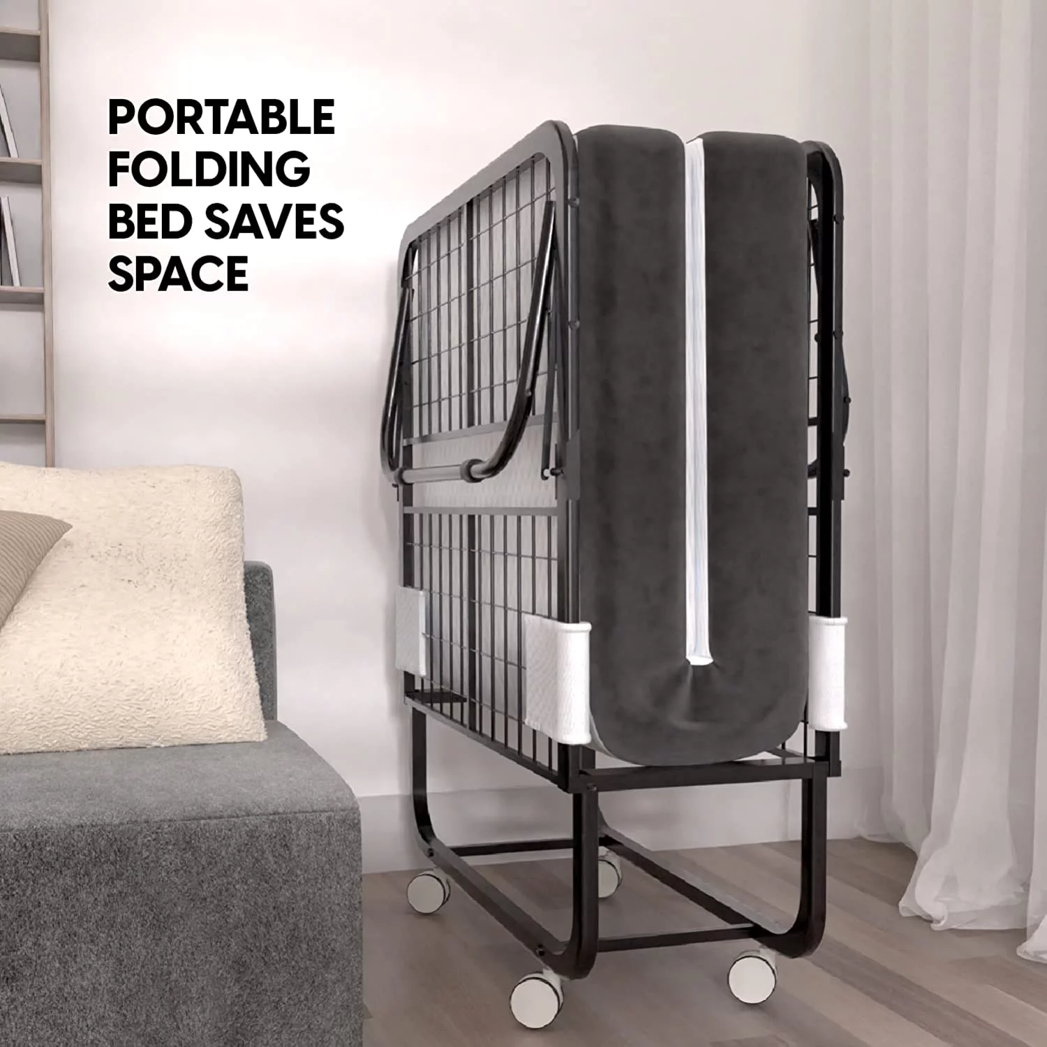 EconoHome Folding Bed with Mattress - 75x38 Cot Size Bed Frame - Portable Foldable Roll Away Adult Bed for Guest