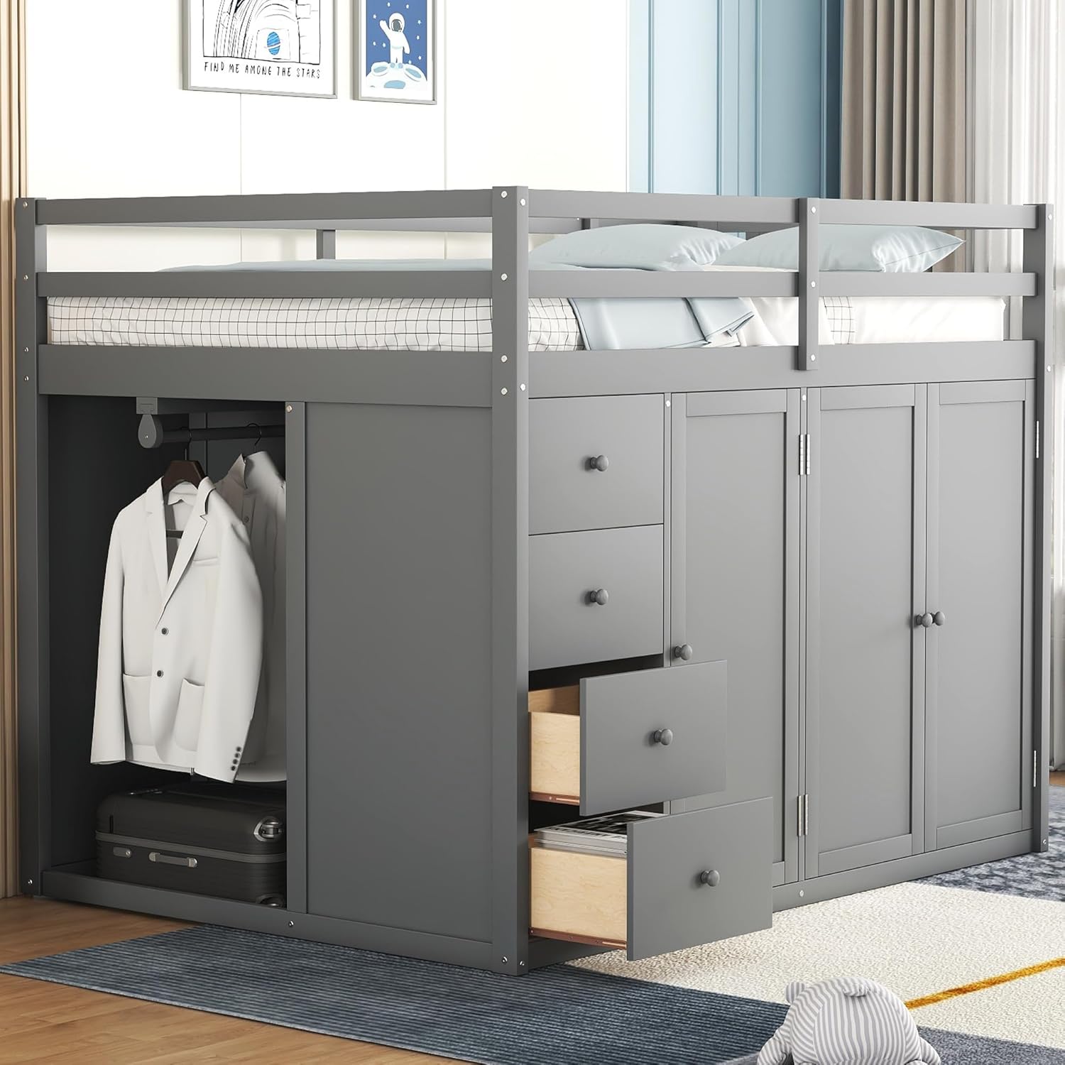 Full Size Loft Bed with Storage Space, Muti-Functional Wooden Loft Bed Frame with Built-in Wardrobes, Staircase