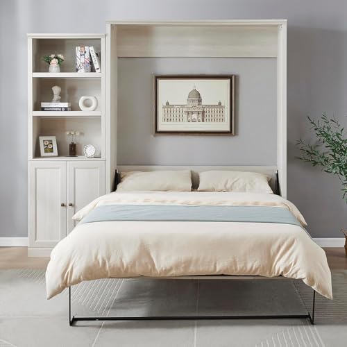 MERITLINE Queen Size Murphy Bed with Storage Bookcase Shelves,Cabinet and Charging Station,Wood Folding White Murphy Wall Bed