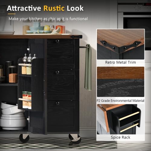 Bellemave Kitchen Island with Storage Cabinet on Wheels, 53.5'' Mobile Kitchen Cart with Power Outlet, Drop Leaf, Spice/Towel Rack and Drawer