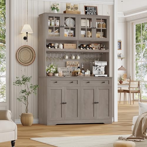 HOSTACK 75.4" Tall Kitchen Pantry Cabinet with Charging Station, Modern White Kitchen Hutch with Microwave Stand and Wine Rack