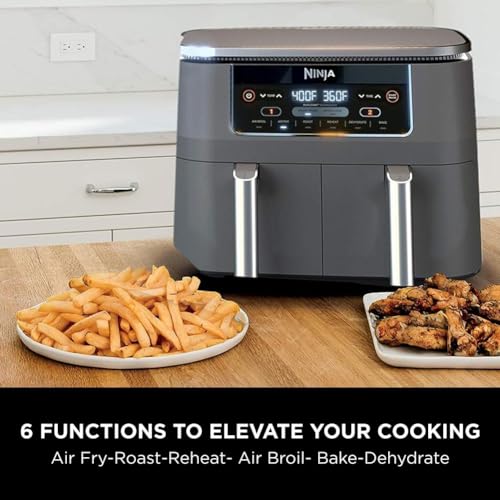 Ninja DZ401 Foodi 10 Quart 6-in-1 DualZone XL 2-Basket Air Fryer with 2 Independent Frying Baskets, Match Cook & Smart Finish to Roast, Broil
