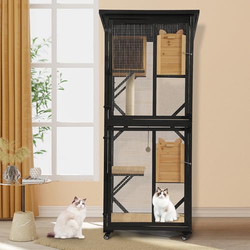 MAGIC UNION 71" Catio Outdoor Cat Enclosure Window Access, 4 Tiers Cats Playpen Catio with Wheels, Resting Box & Waterproof Roof