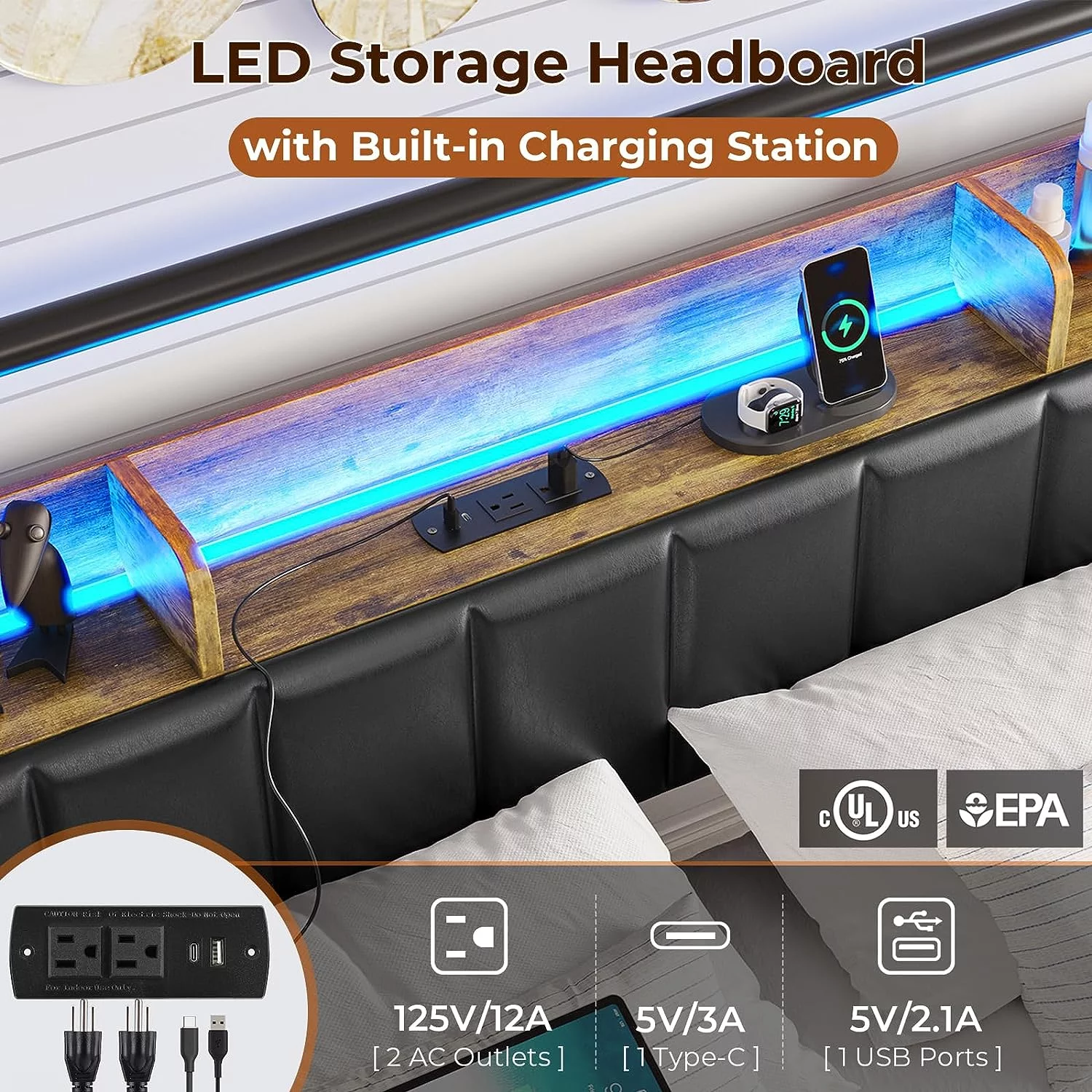 Queen LED Bed Frame with 4 Storage Drawers & Charging Station, Upholstered Headboard with Shelf & Hidden Storage Space, Heavy Steel Slat Support