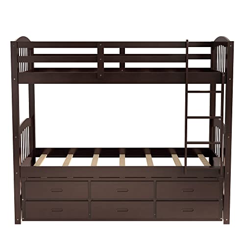 Harper & Bright Designs Twin Over Twin Bunk Bed with Storage Drawers, Solid Wood Bunk Bed Frame with Trundle, for Kids, Teens, Adults (White)