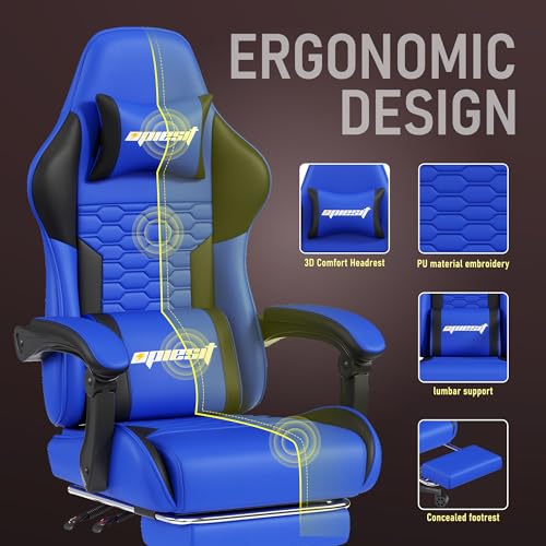 Gaming Chair, Computer Office Chair with Footrest, Linkage Armrests and Lumbar Support, High Back Ergonomic Gamer Chairs for Adults, Blue Fabric