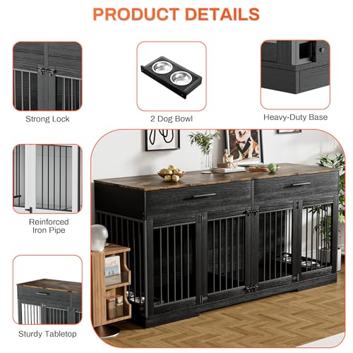 Rophefx 72" Dog Crate Furniture for 2 Dogs, Large Double Dog Kennel Indoor Furniture with 2 Storage Drawers and Removable Divider