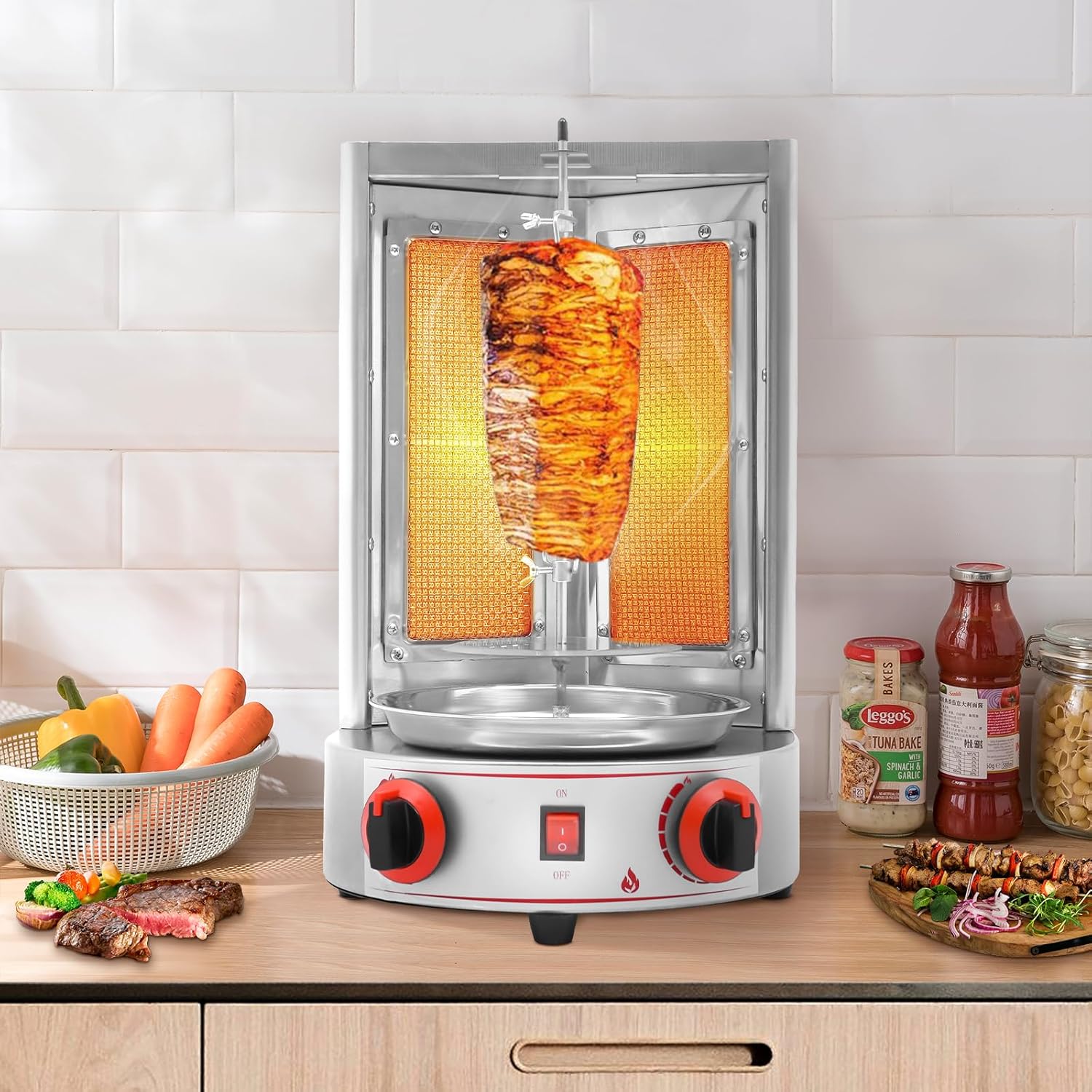 Shawarma Grill Machine 3000W Gas Vertical Broiler Gyro Rotisserie Oven Doner Kebab Machine 110V Stainless Countertop Rotisserie Grill with 2 Burners