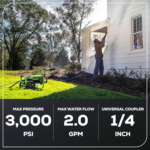 Greenworks 3000 PSI Pressure Washer (2.0 GPM Max) with Foam Cannon – Easily Remove Dirt and Grime on Siding, Fences, Patios,