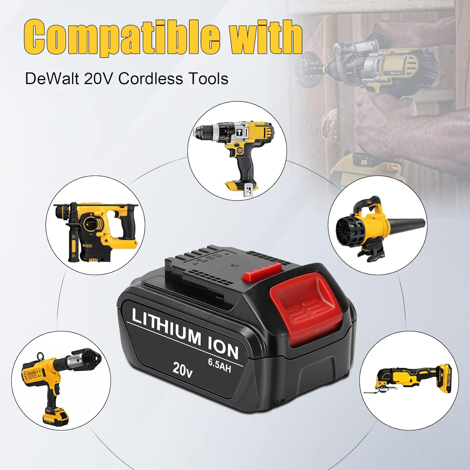 KUNLUN 2-Pack 6.5Ah 20V Battery Replacement Compatible with Dewalt 20 Volt Max XR Lithium ion Battery Pack DCB200 DCB201 DCB203 DCB205 DCB204 DCB206
