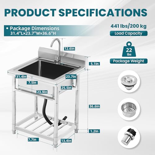 Utility Sink Stainless Steel Free Standing Single Bowl Laundry Outdoor Commercial Kitchen Sink with Cold Hot Pipe for Bar, Garage, Restaurant