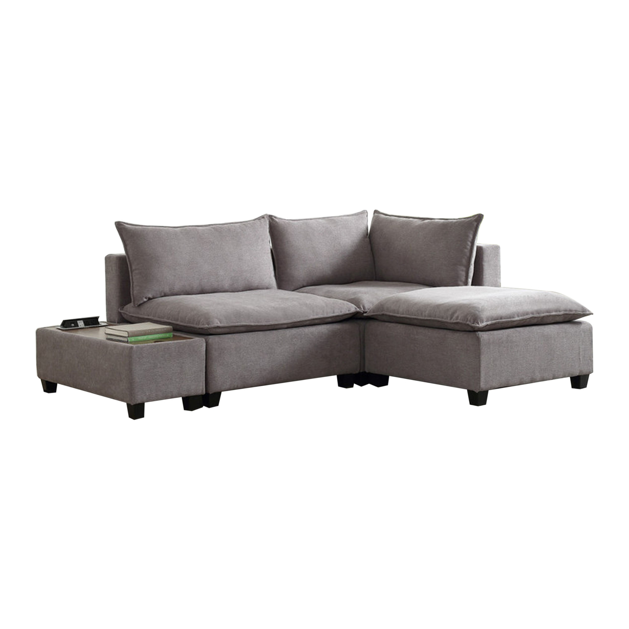 Amato 95 Inch Loveseat, Ottoman, and Console Table Set, Charging Port, Gray- Saltoro Sherpi