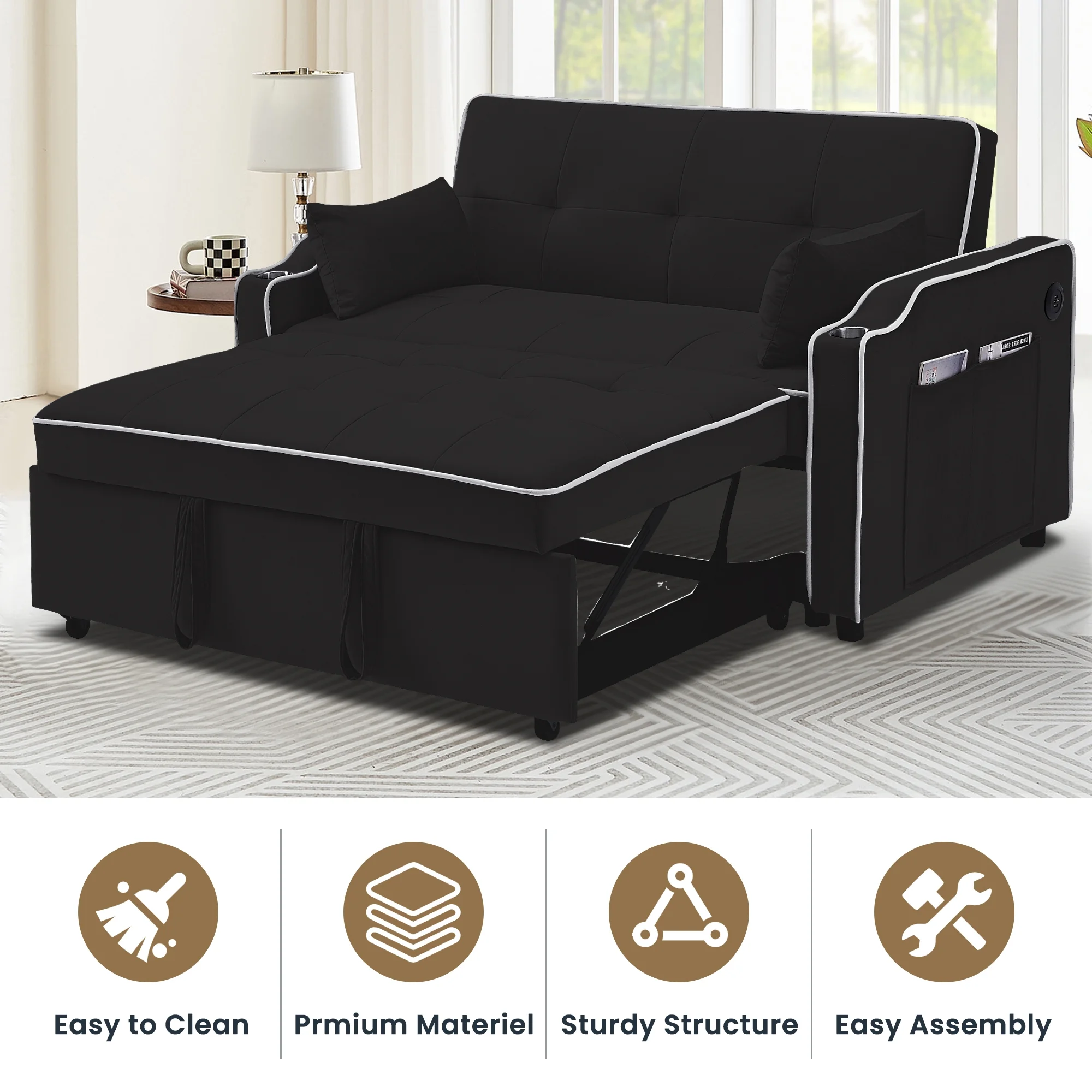 Momspeace Pull Out Loveseat Sleeper Sofa Bed with Cup Holders, Usb Ports and Side Pockets, Black - Radiant Selections