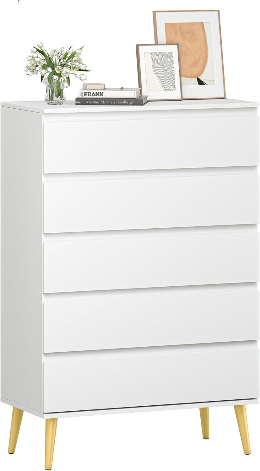 Dresser for Bedroom with 5 Drawers, Wide Chest of Drawers with Smooth Metal Rail, Clothing Organizer with Large Storage Space, Storage Cabinet for