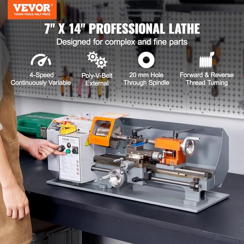 VEVOR Metal Lathe Machine, 7'' x 13.78'', Precision Benchtop Power Metal Lathe, 0-2200 RPM Continuously Variable Speed, 500W Brush Motor Metal Gears