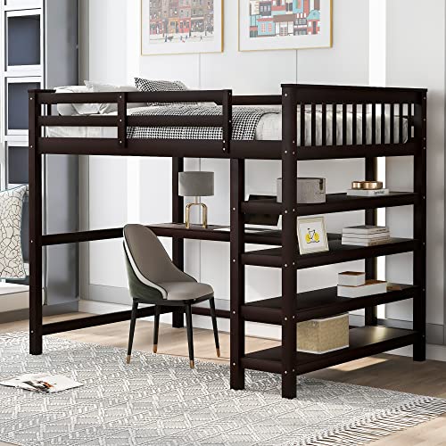 Harper & Bright Designs Full Loft Bed with Desk and Wardrobe,Solid Wood Loft Bed Frame Full with Storage Drawers for Kids Teens Adults