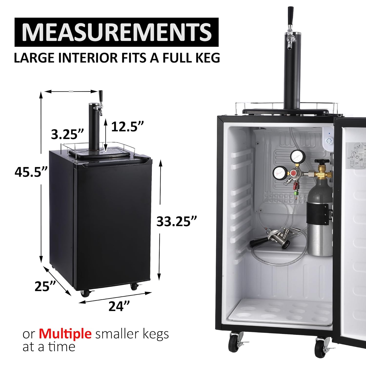 Kegerator and Keg Beer Cooler, Single Faucet Draft Beer Dispenser, Full Size Keg Refrigerator With Shelves, Stainless Steel, Drip Tray & Rail