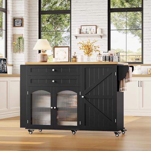 FINETONES Kitchen Island with Storage, Rolling Kitchen Island on Wheels with Wood Drop Leaf Countertop