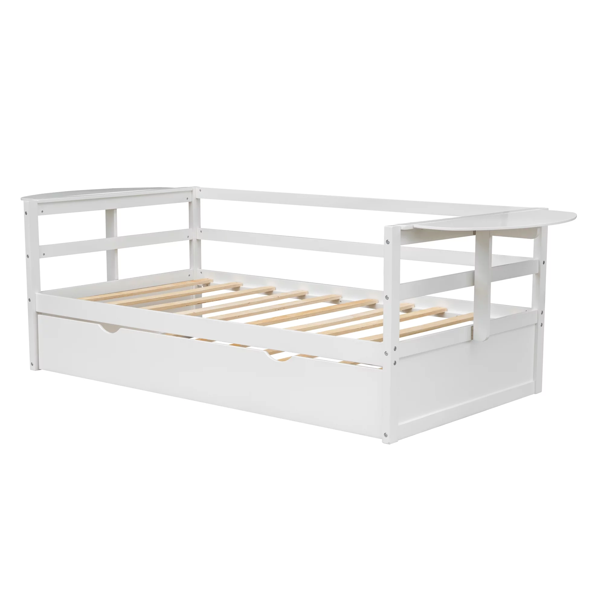 Euroco Pine Wood Twin Size Daybed with Trundle and Foldable Tables, White