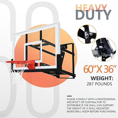 PROGOAL Basketball Hoop Garage Wall Mounted Adjustable-Height, with 60''x36''Tempered Glass Backboard, Pro-Style Breakaway Rim