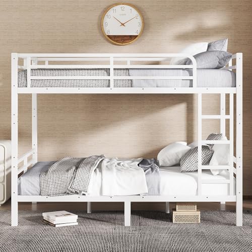Heavy Duty Bunk Bed Frame with Ladder, Twin XL Over Twin XL Bunk Beds with Safety Guardrails, Adults Bunk Beds with Noise-Reducing Rubber Stoppers