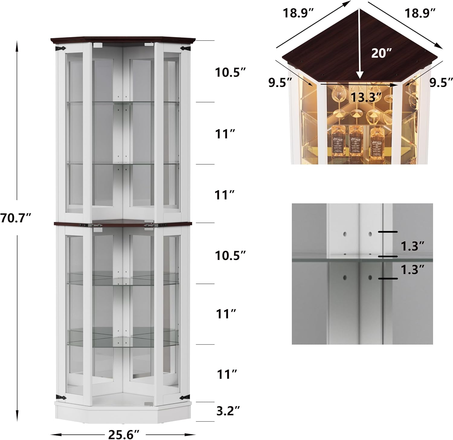 PAKASEPT 71'' Farmhouse Display Curio Cabinet with LED Lights,Tempered Glass Doors,6 Shelves
