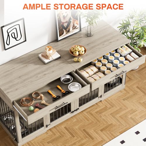 Rophefx 72" Dog Crate Furniture for 2 Dogs, Large Double Dog Kennel Indoor Furniture with 2 Storage Drawers and Removable Divider
