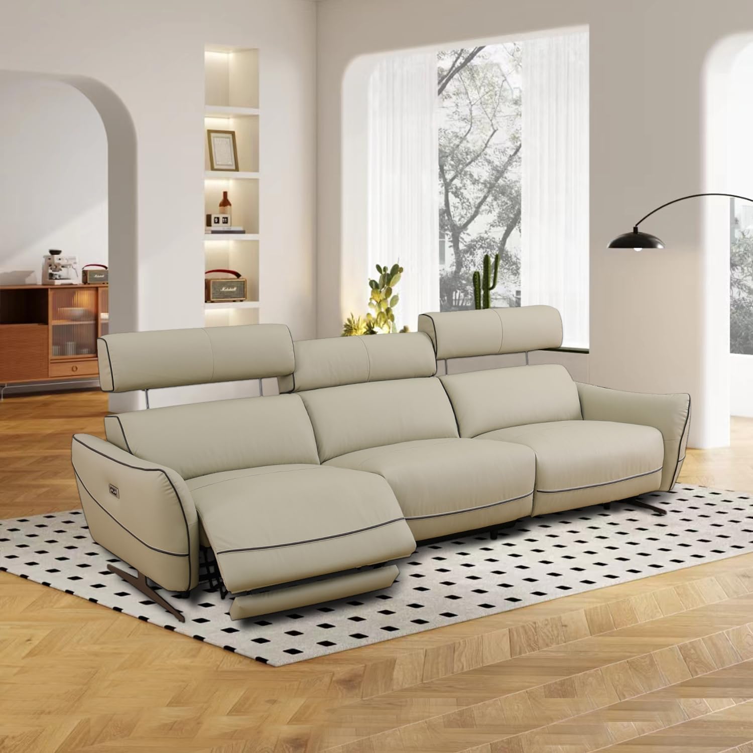 Power Reclining Sofa, Top Grain Leather Recliner Couch, 114.5" Wide Leather Sofa with USB Port for Living Room (Beige)