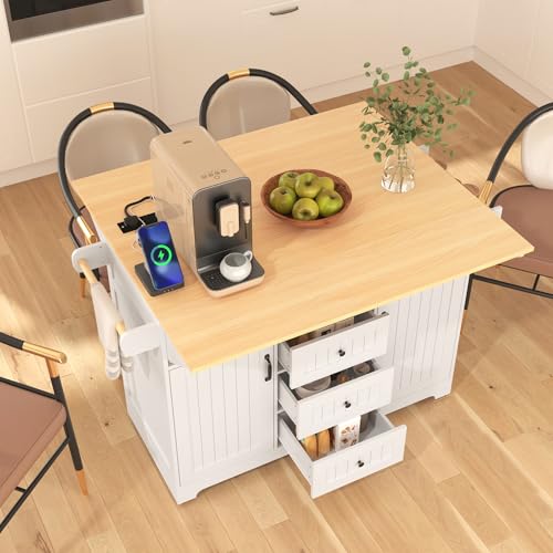 55.7'' Large Kitchen Island with 2 Drop Leaves, Rolling Kitchen Cart on 5 Wheels with Power Outlet