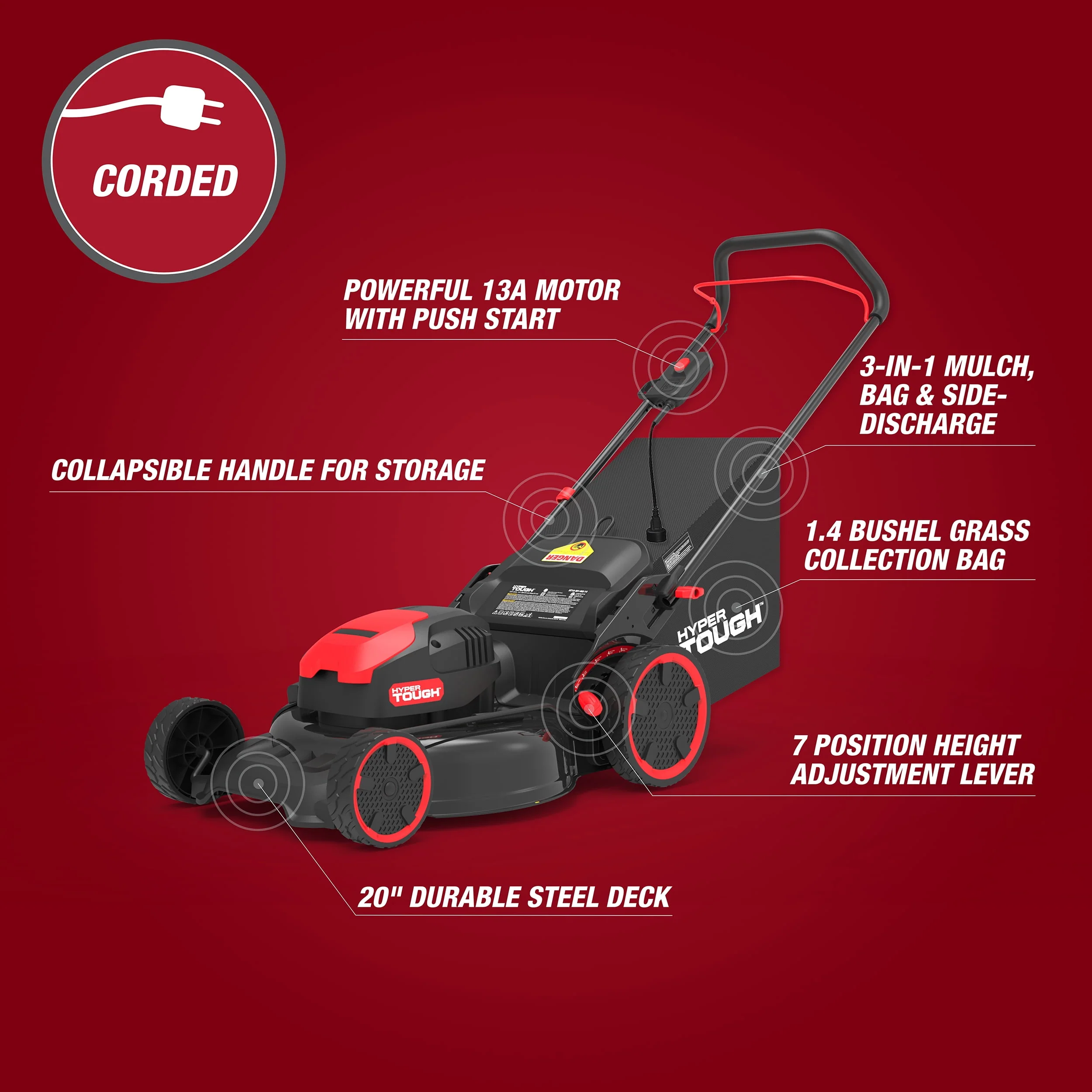 Hyper Tough 20 13A Corded Electric Push Walk-behind Lawn Mower, Bag collection, Mulching, Side-discharging