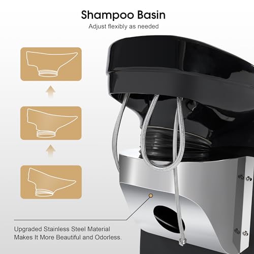 BarberPub Ceramic Bowl Backwash Shampoo Chair, Adjustable Modern Shampoo Sink Chair, Hair Washing Station for Professional Shampoo Barbershop