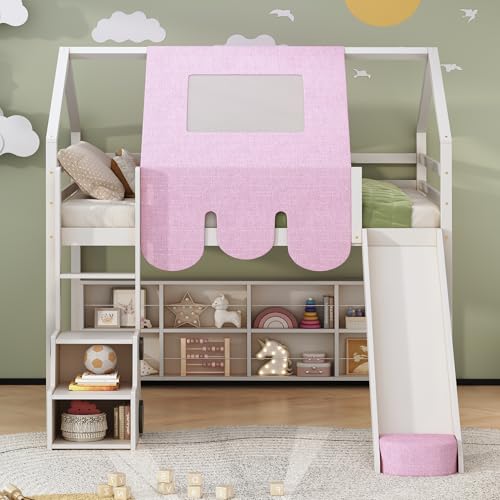 Harper & Bright Designs Kids Twin Low Loft Bed with Slide and Storage Shelves, Wood Playhouse Loft Bed Frame with a Tent & Stairs