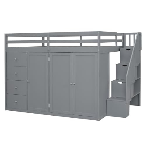 Full Size Loft Bed with Desk & Wardrobe, Solid Wood Kids Loft Bedframe w/3 Storage Drawers & 2 Shelves, Maximum Space Design, for Bedroom, Dorm, Gray