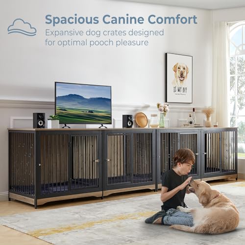 71'' Dog Crate Furniture for 2 Large Medium Dogs, XXL Wooden Indoor Double Crate Kennel Cage Large Breed with Door, TV Stand End Table with Divider