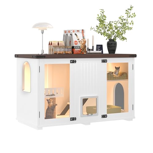47.25 Inch Multi-Functional Hidden Cat Litter Box Enclosure with Smart Door & LED Light, Modern Cat House with Scratching Post & Stairs