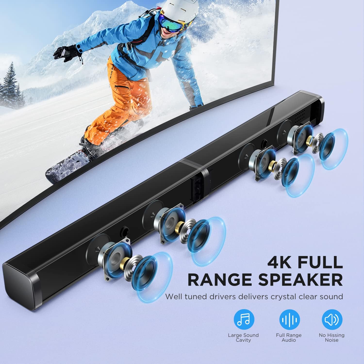TV Sound Bar with Subwoofer, 2.1 CH Ultra-Slim Sound Bars for TV, 110dB/100W, 5 Smart EQ Modes, LED Night Mode, Bass Adjustable Surround Sound