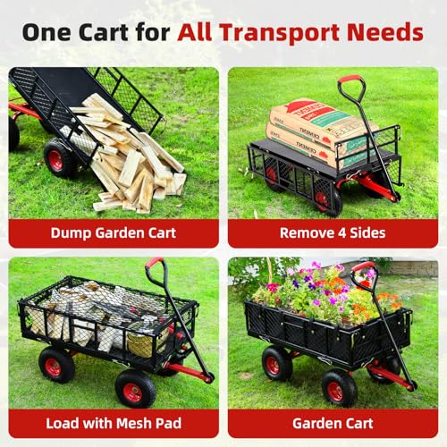 880lbs Steel Garden Dump Cart, Heavy Duty Yard Dump Utility Wagon w Removable Mesh Sides, Utility Metal Wagon w 180° Rotating Handle