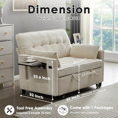 Sleeper Sofa Bed, 52‘’ Convertible Pull Out Couch with Small Table| USB Port | Side Pockets | Corduroy Fabric | Adjustable Backrest for Apartment