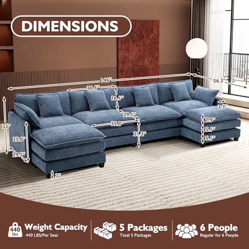 Ihanherry 111.4" U Shaped Modern Cloud Sofa Modular Sectional Couch with 2 Ottoman, 5-Seat Chenille Deep Seat Sofa with Pillow for Living Room