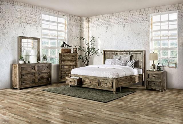 Rustic Ash Brown Solid Wood King Bedroom Set 3pcs FOA EM7074BR Oakridge