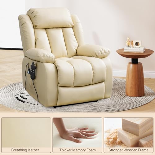 EDILLY Large Genuine Leather Power Lift Recliner Chairs for Elderly, Dual Motor with Massage and Heating,Double Lumbar Cushion and Extended Footrest