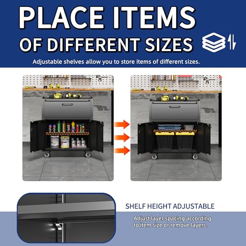 Metal Garage Storage Cabinet with Wheels,Locking Rolling Tool Cabinet with Drawers and Shelves for Home, Office, Garage & Workshop