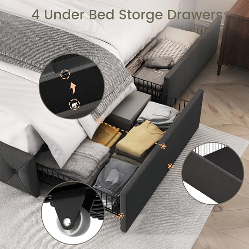 King Size Bed Frame with 4 Storage Drawers and Tufted Headboard Linen Upholstered Platform Bed Frame Wingback Beds with Wooden Slats Support